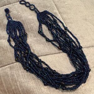 Midnight Blue Beaded Necklace 12 multi-strand peacock colored glass seed beads